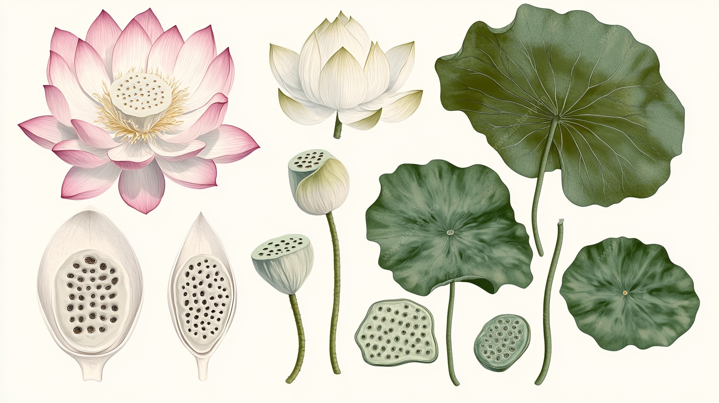 荷花荷叶莲蓬插画素材