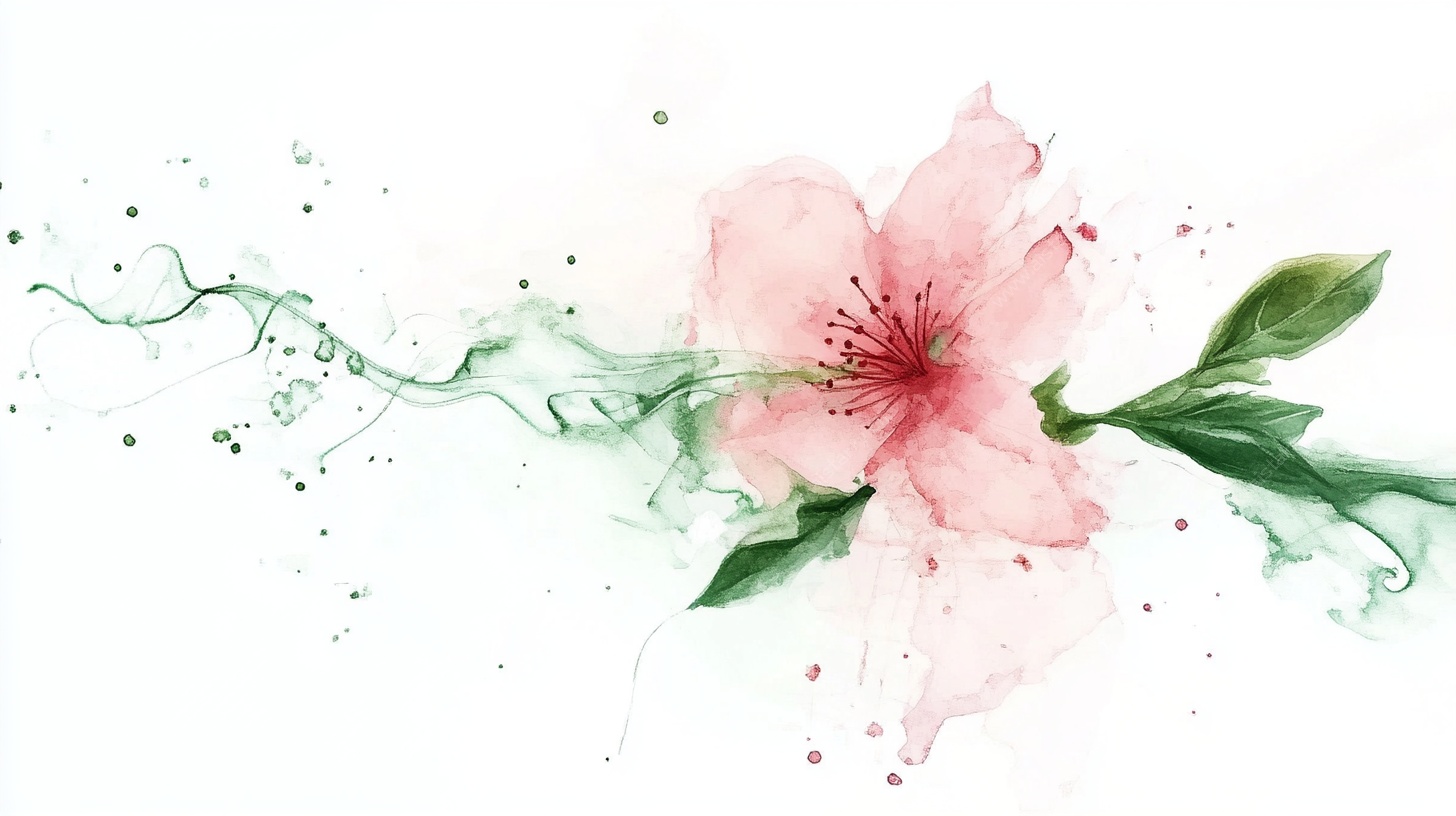 水彩粉花绿叶唯美插画