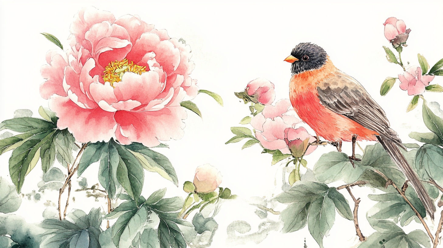 国画花鸟 牡丹与雀鸟