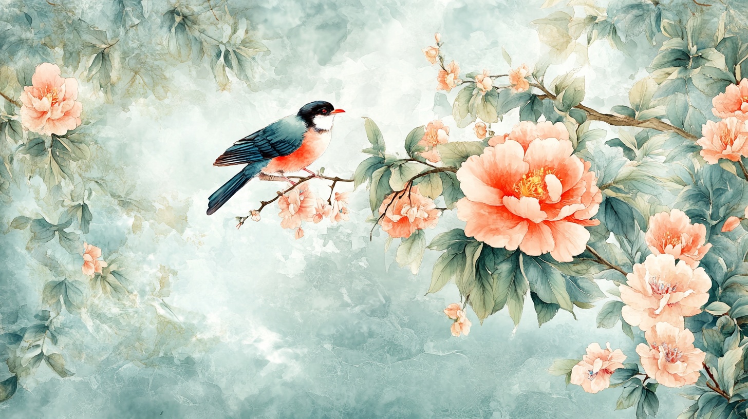 花鸟图绘 枝头鸟与盛放牡丹