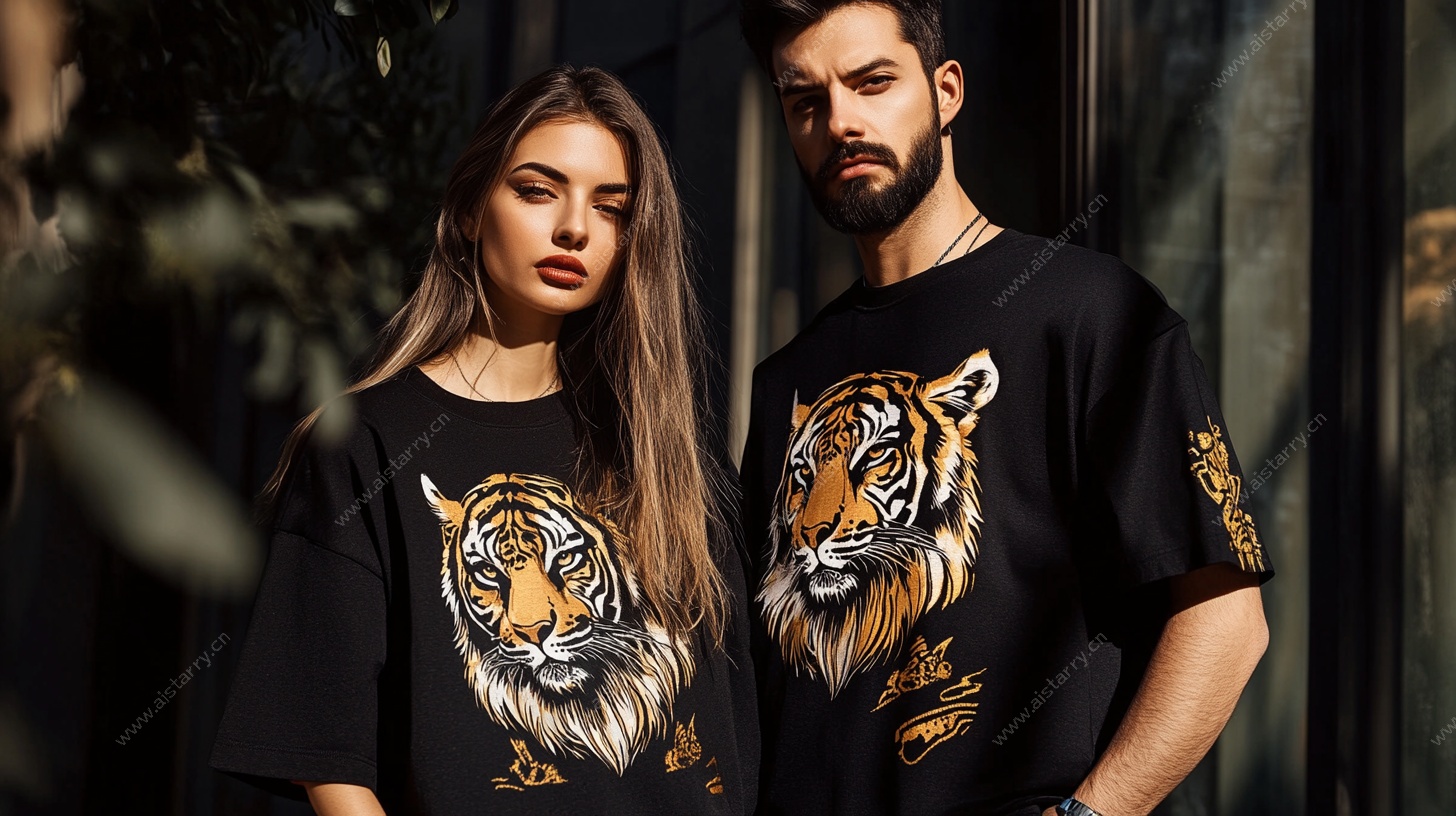 情侣老虎印花T恤时尚照