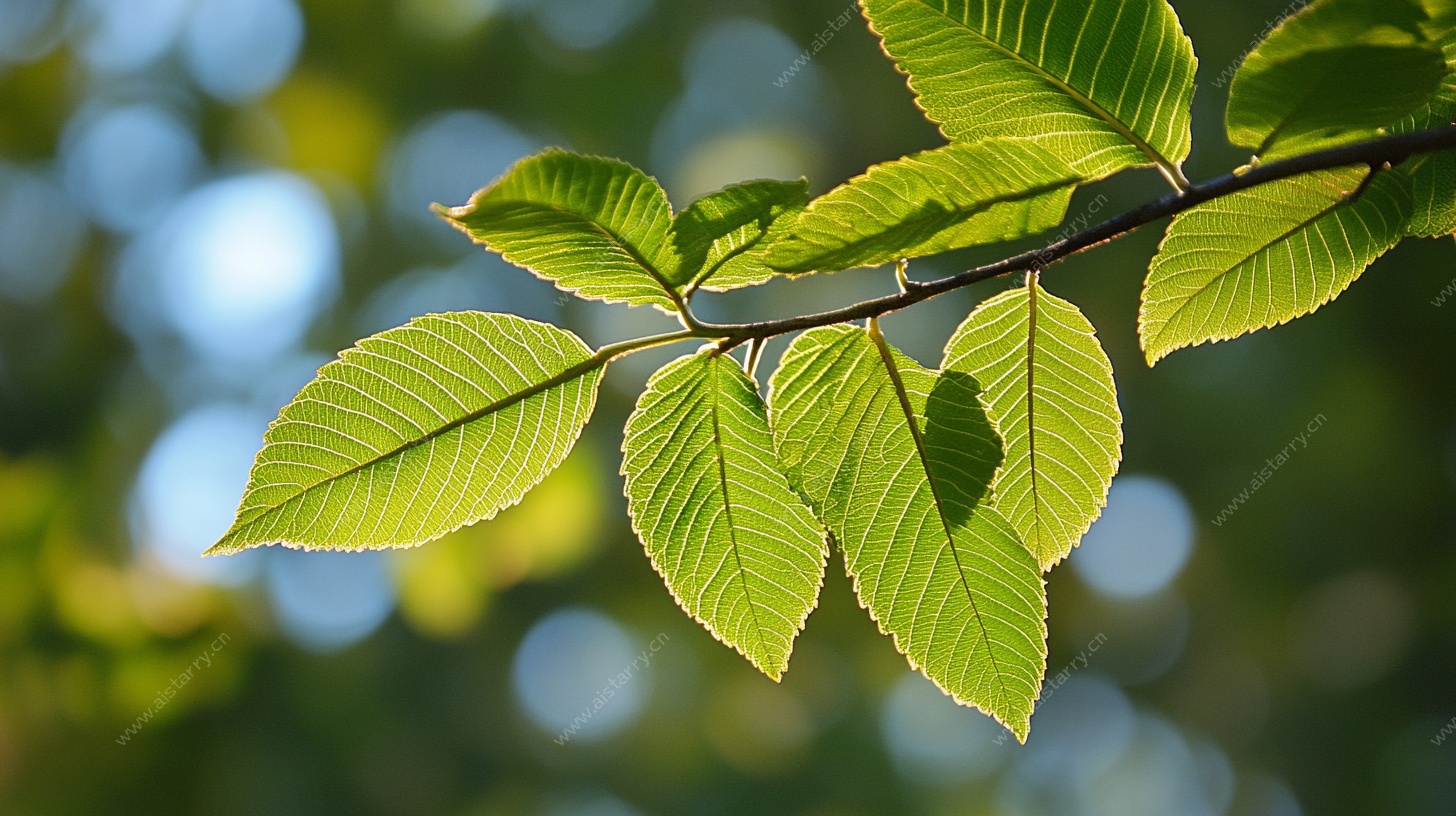 阳光下的嫩绿树叶