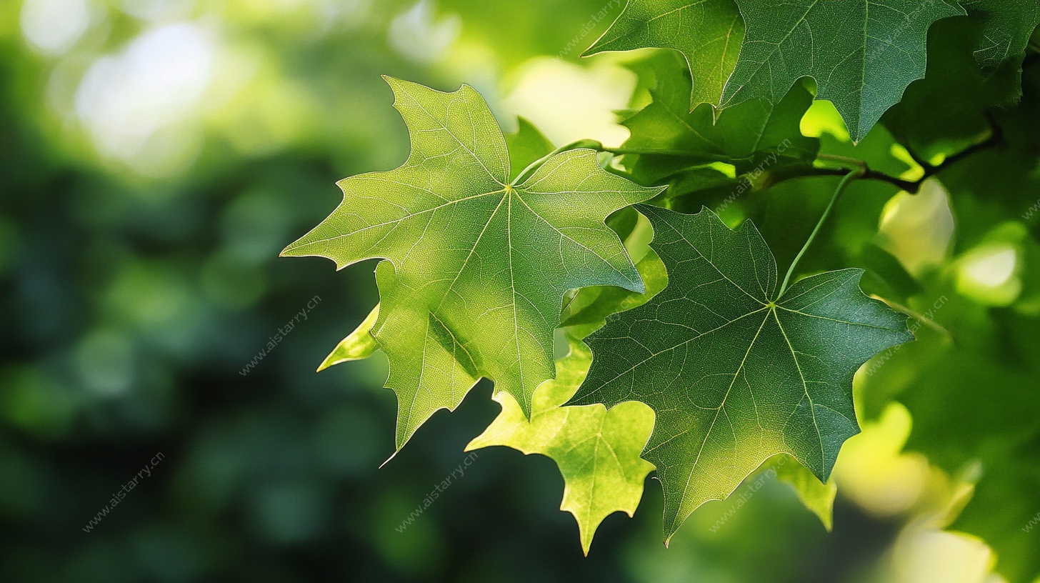 阳光下的翠绿枫叶