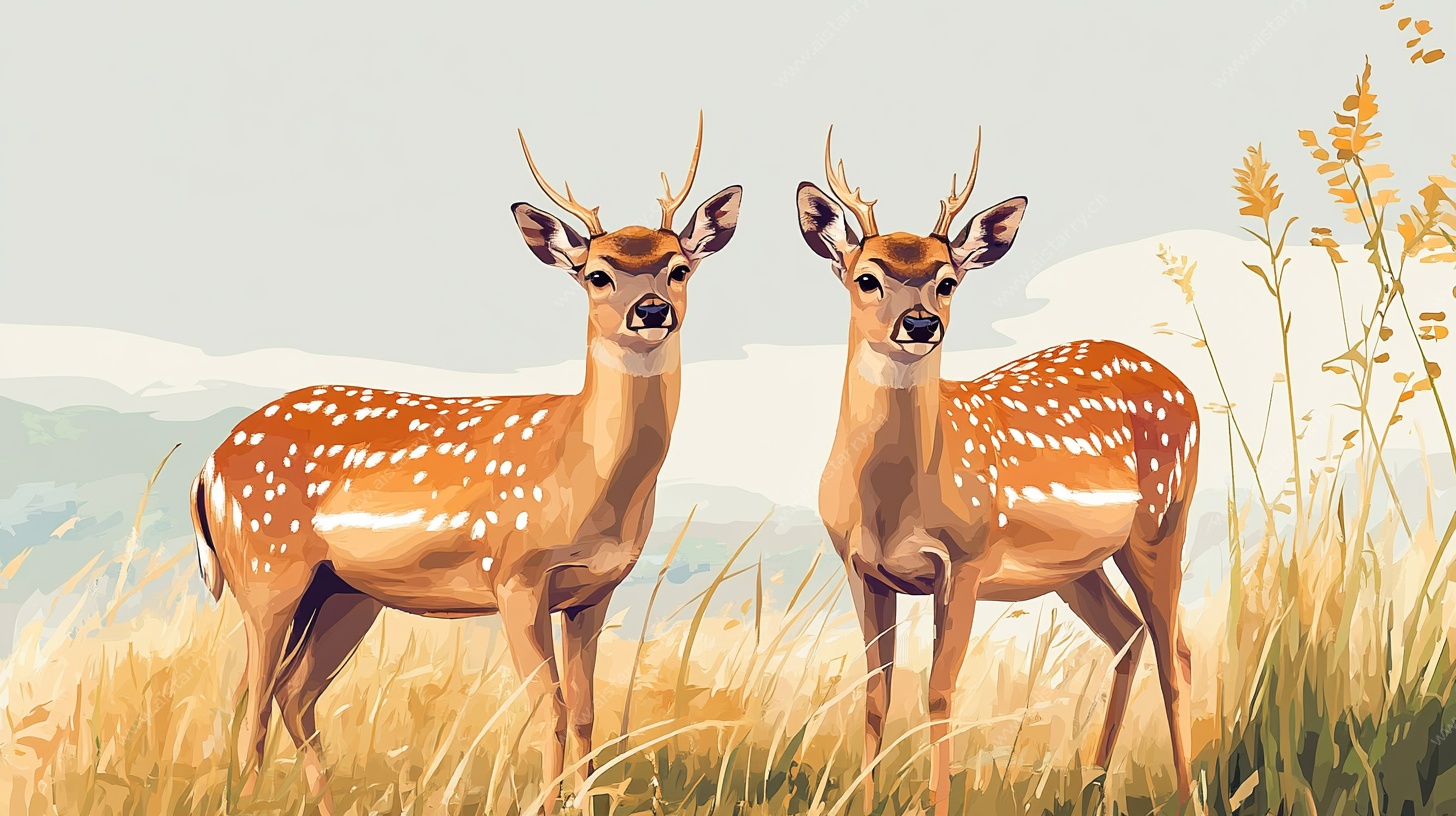 两只梅花鹿站在草地间