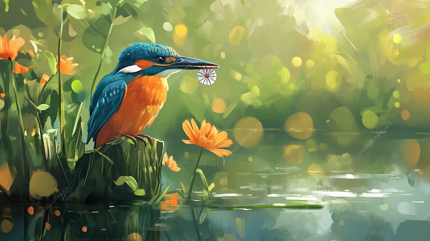 翠鸟衔蝶于湖畔花丛间