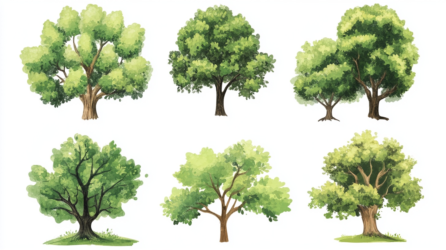 手绘风格多样绿树集合