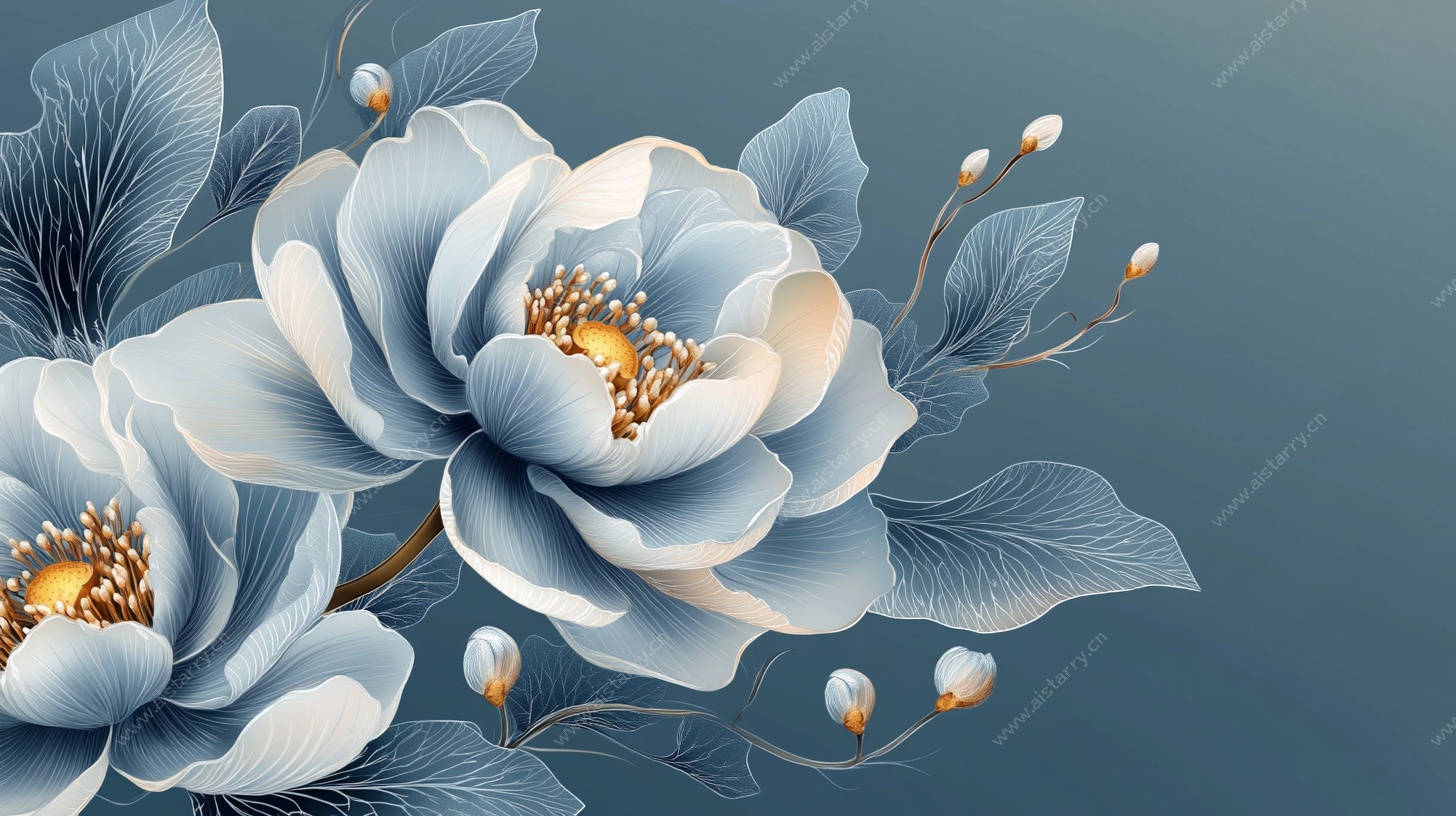 蓝调牡丹花卉图