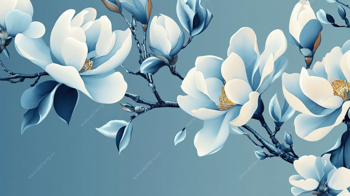 蓝调玉兰花枝插画