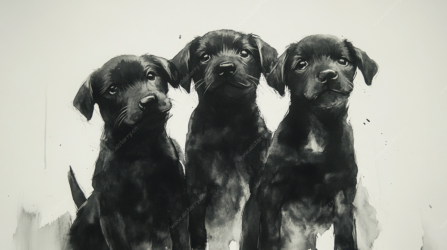 三只萌犬水墨画