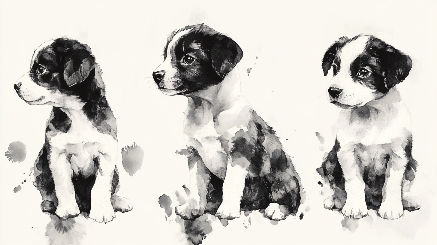 三只萌犬水墨画