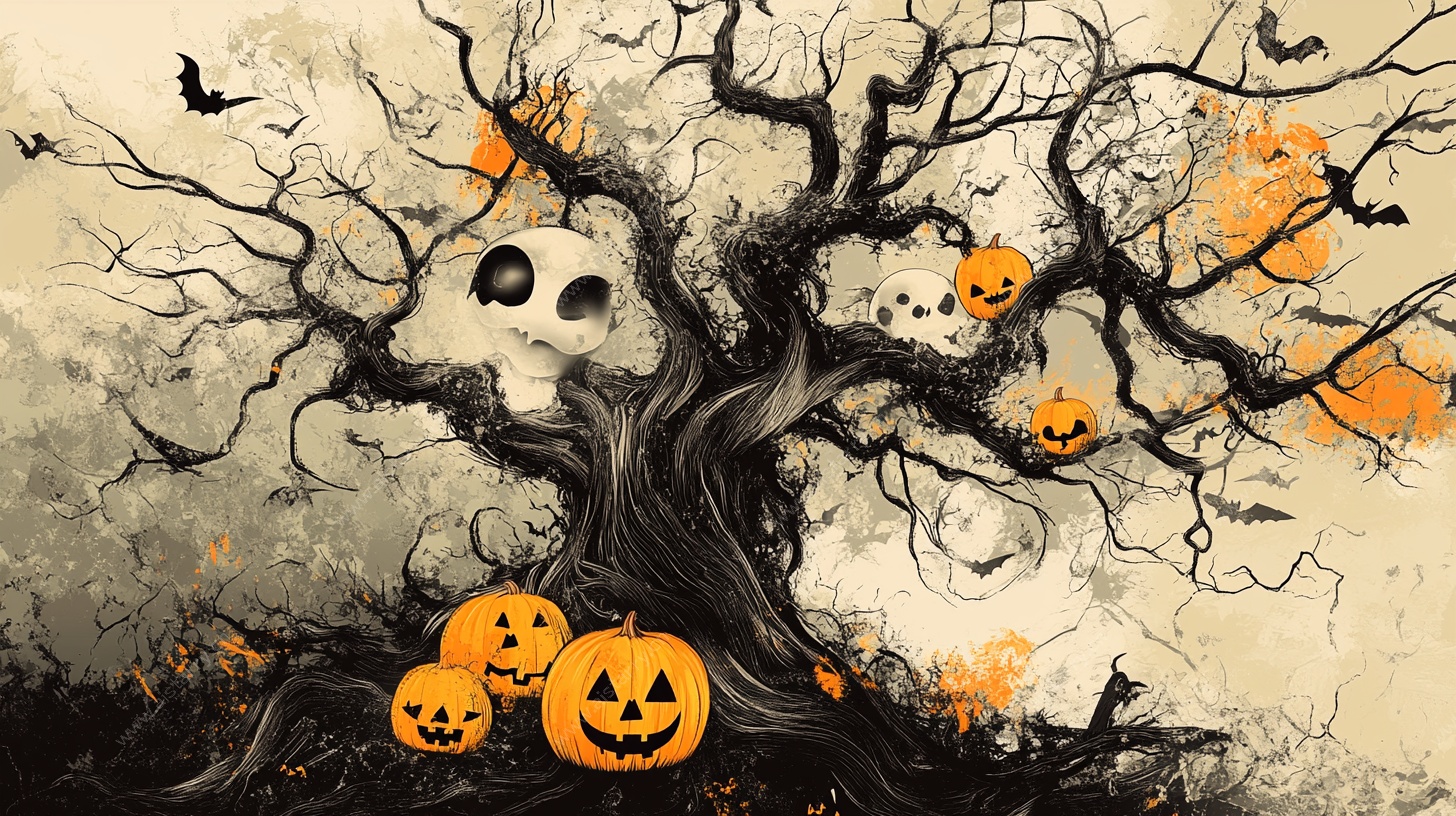 诡异万圣节枯树南瓜场景