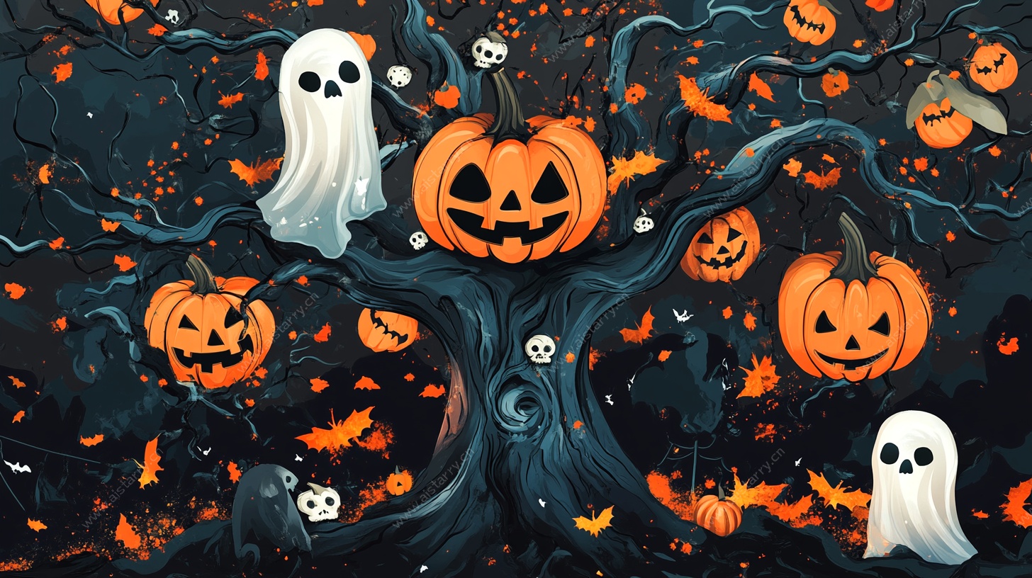 万圣节幽灵南瓜奇幻树景