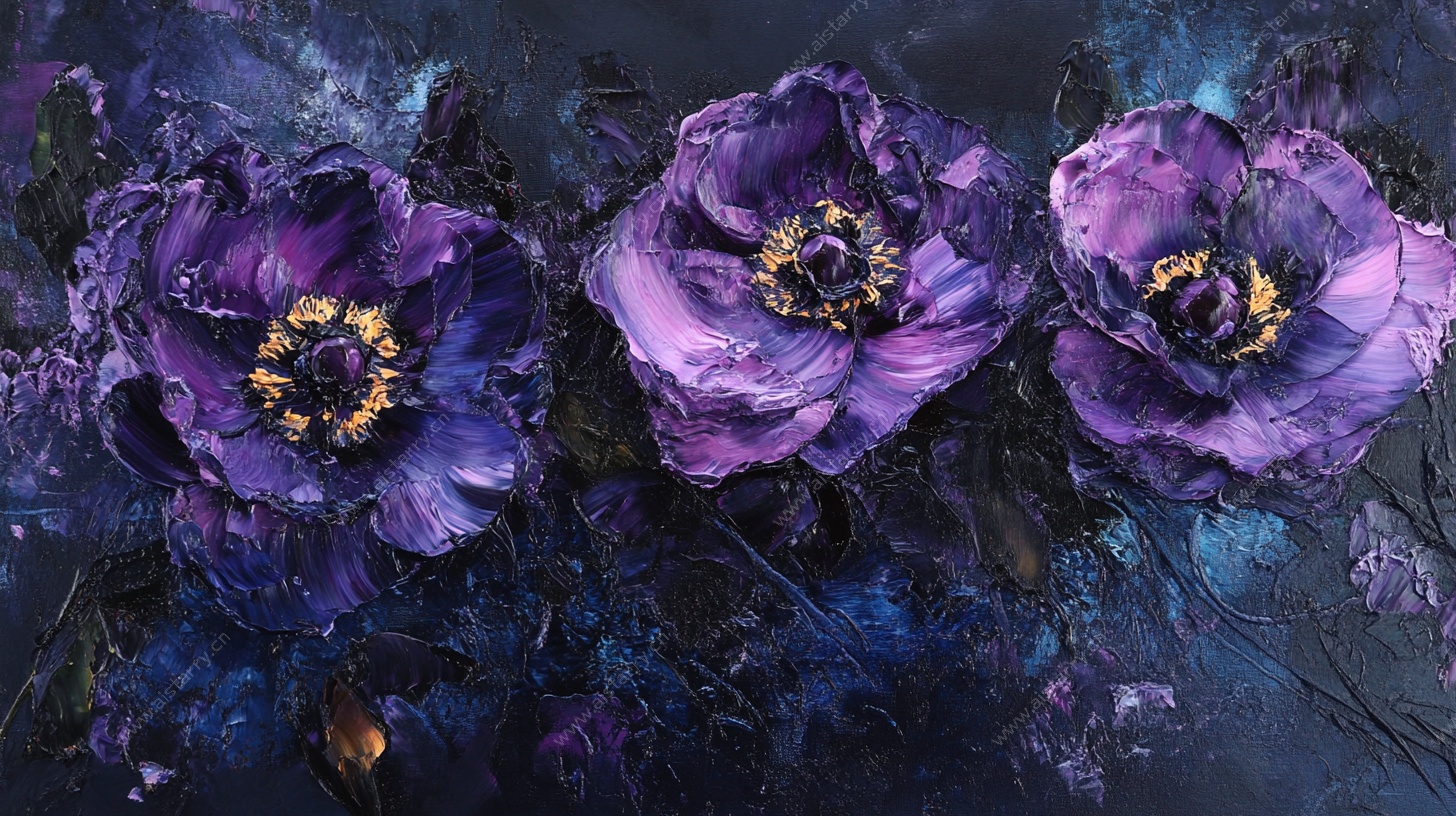 紫色花卉油画艺术作品