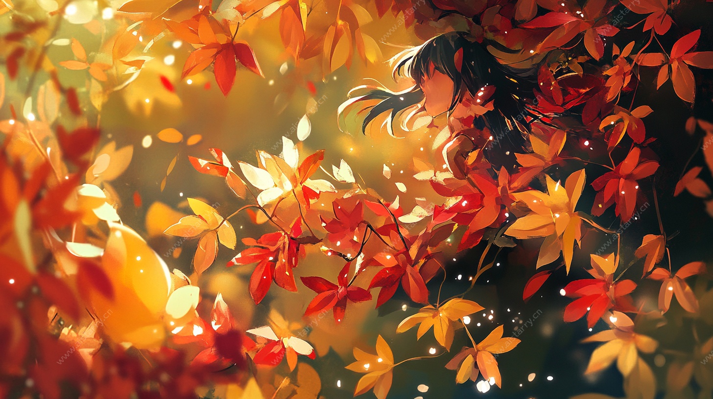 秋日少女沉浸于红叶之中
