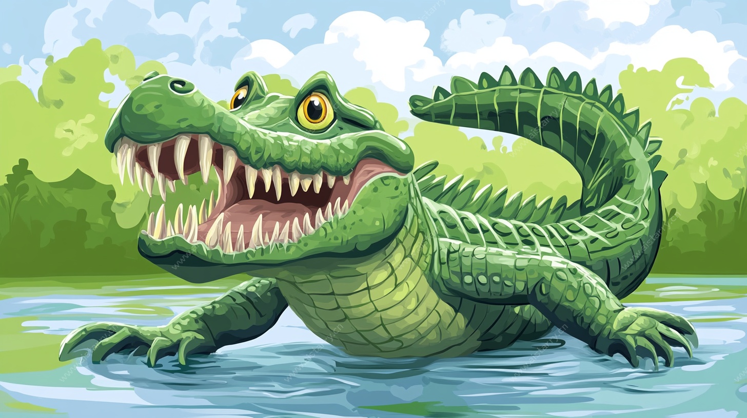 卡通鳄鱼在水中吼叫