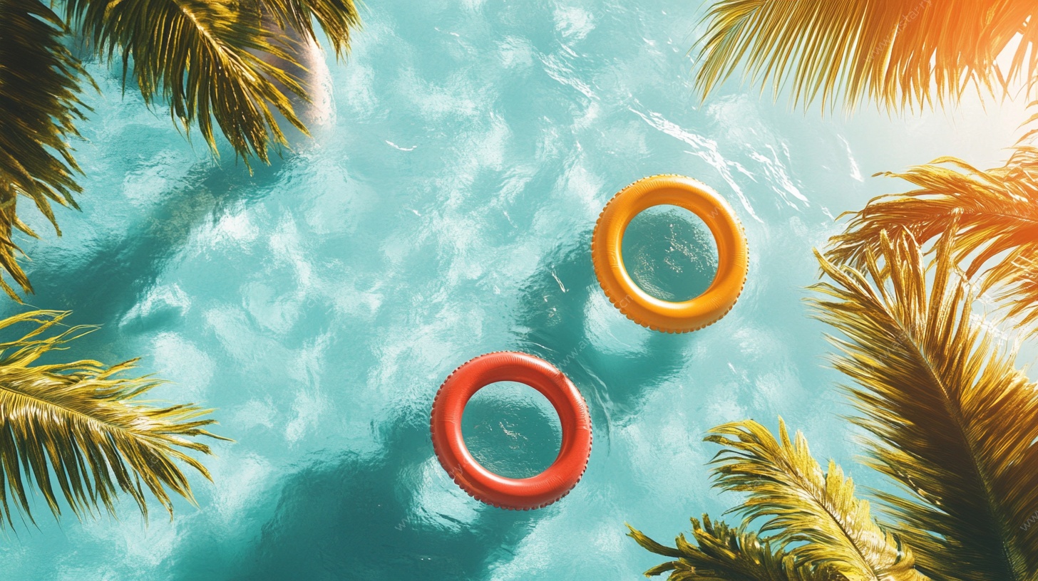 夏日泳池中的彩色浮圈