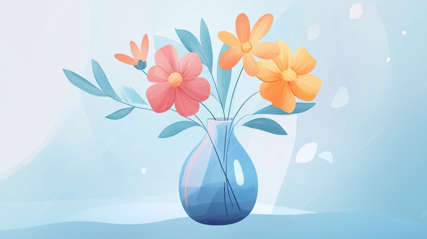 蓝色花瓶中的多彩花卉