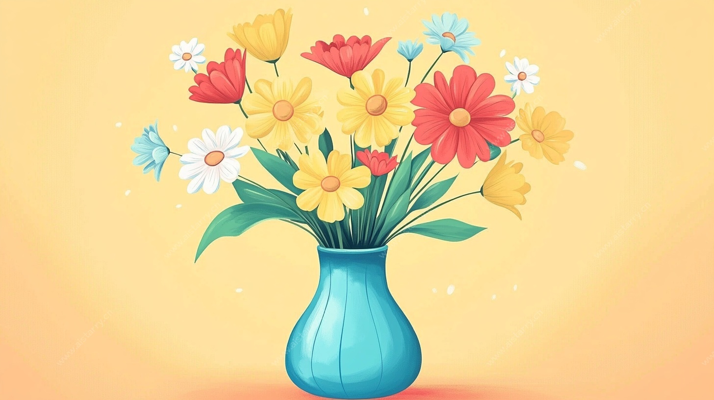 蓝色花瓶中的多彩花卉