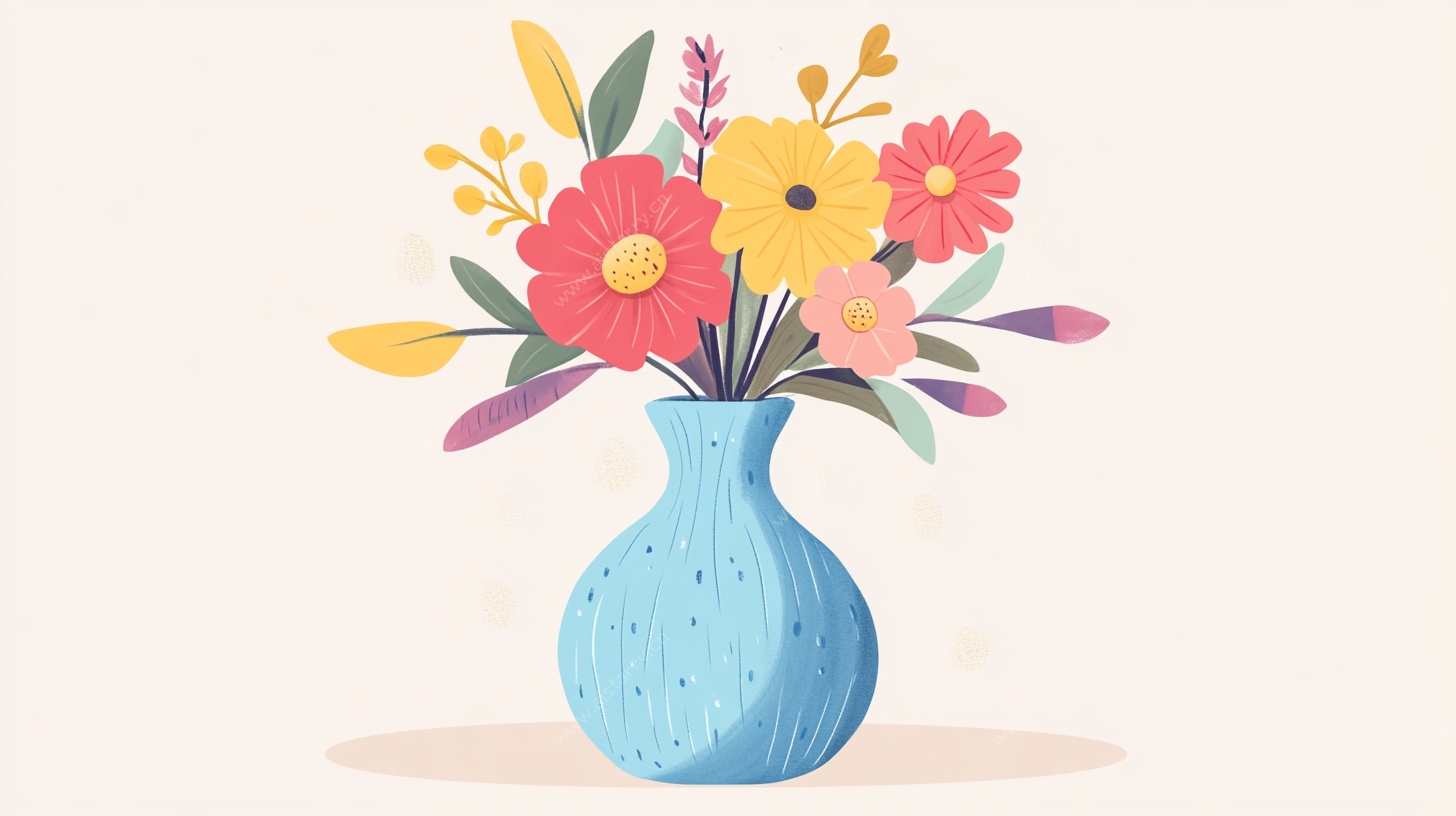 蓝色花瓶中的多彩花卉