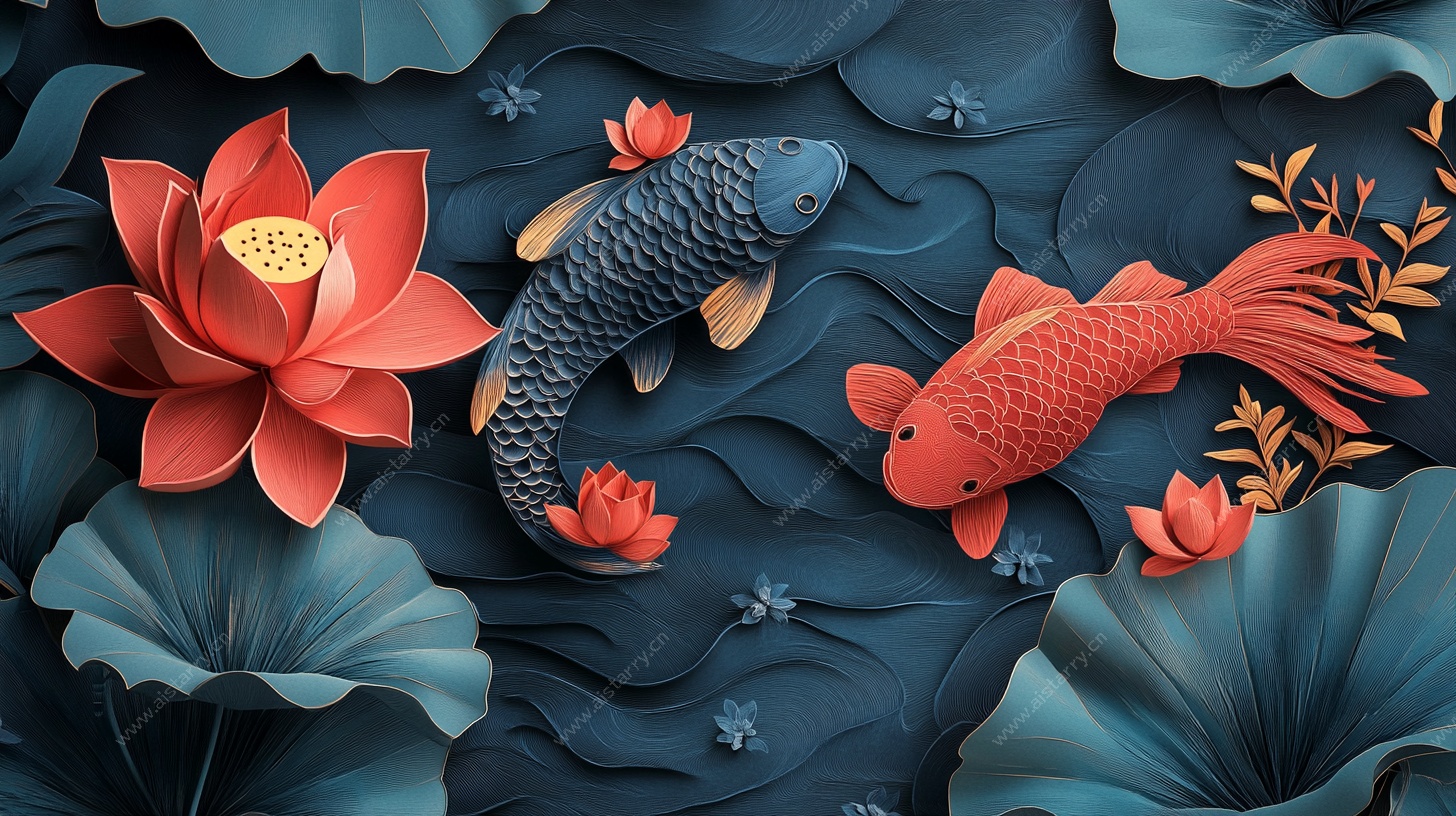 立体剪纸风荷塘锦鲤图