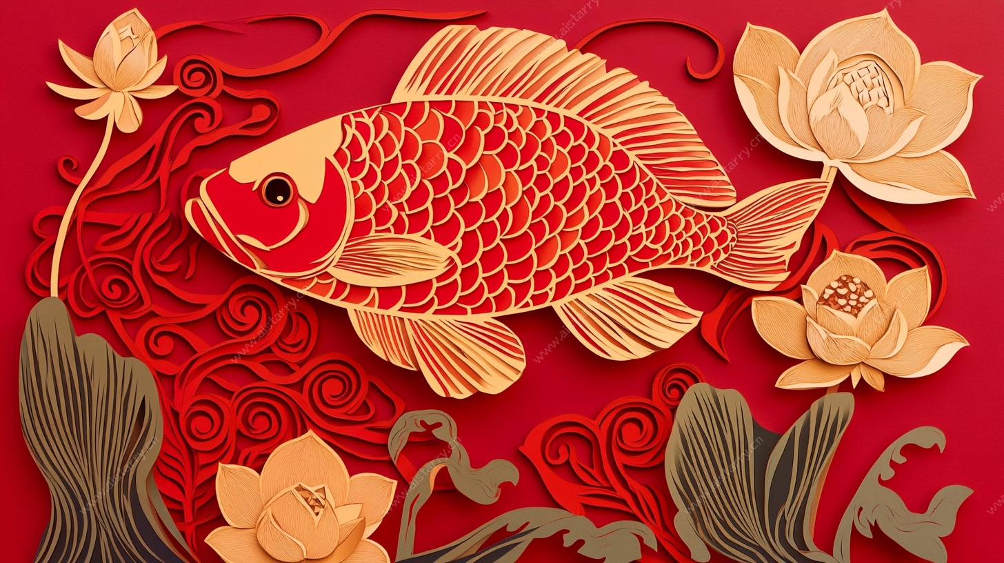 金鱼戏荷剪纸风装饰图