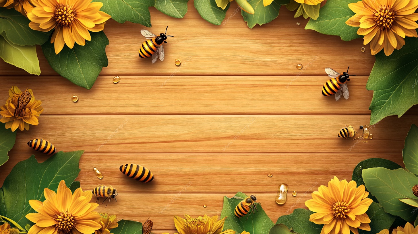 蜂舞花丛中的木质背景