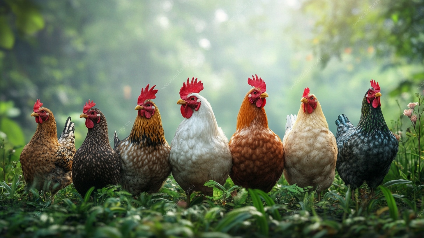 一群多彩鸡站在绿野中