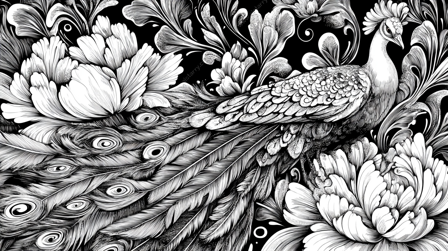 黑白孔雀花卉精美图案