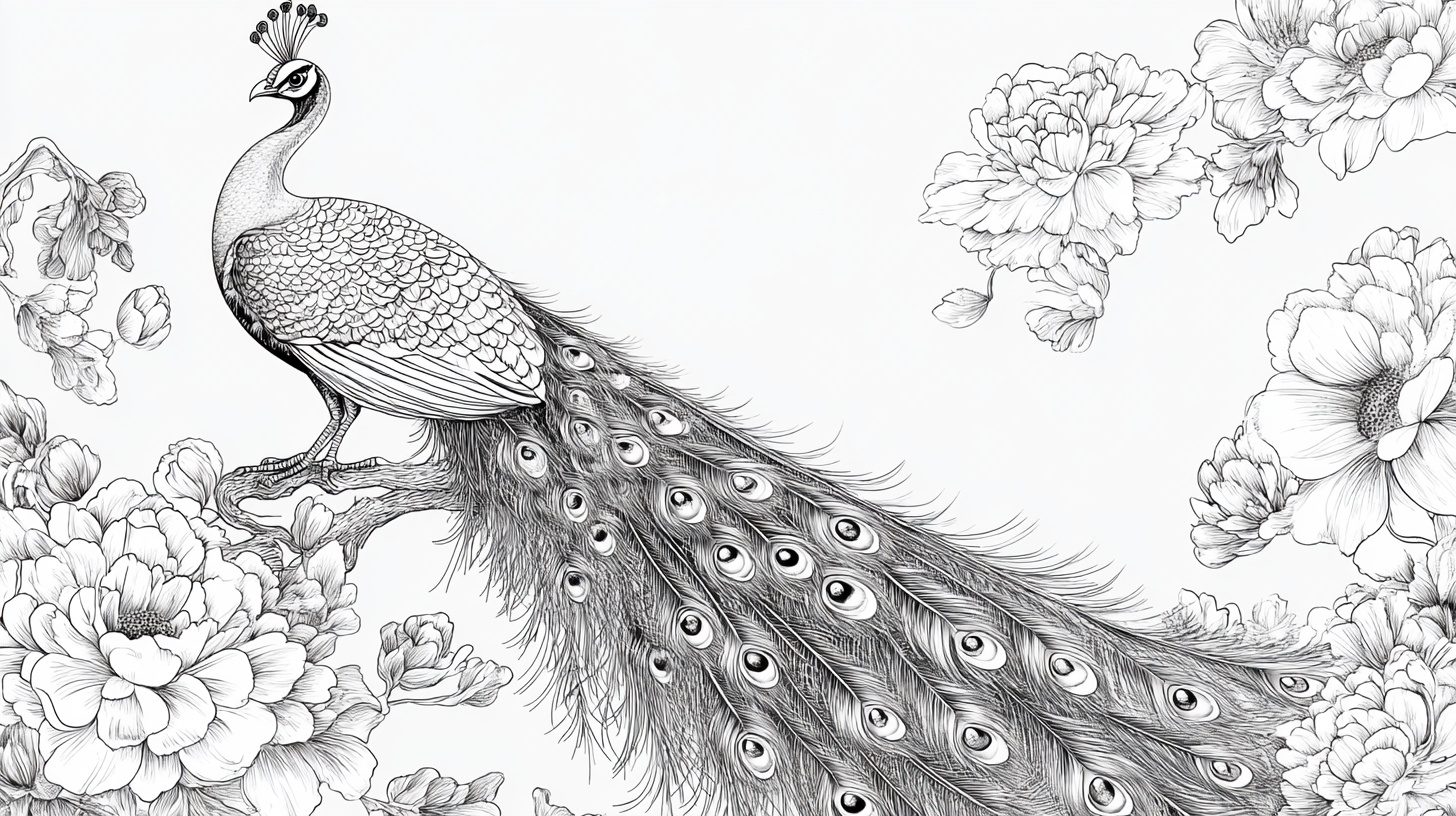 孔雀牡丹线描画