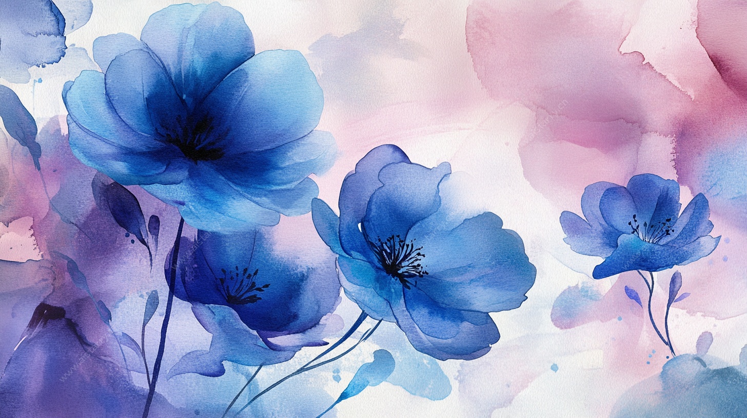 蓝色梦幻水彩花卉画作