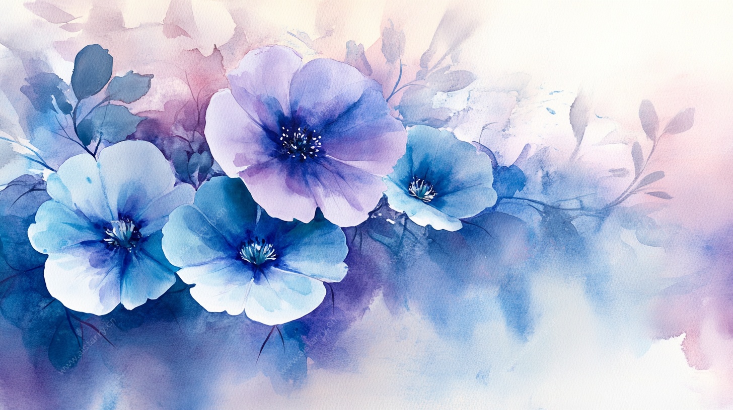 梦幻蓝紫色花卉水彩画