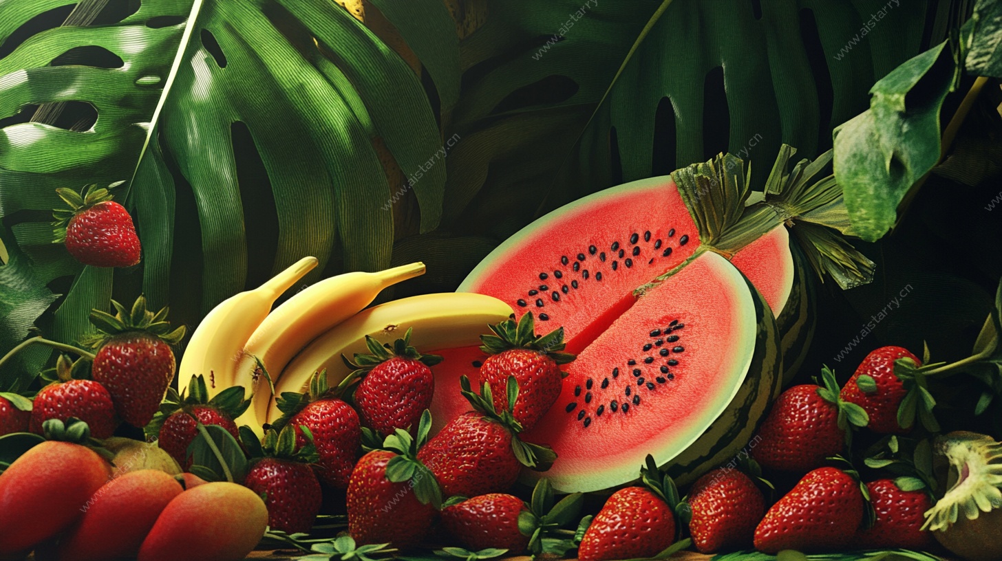 多彩鲜果与热带绿叶组合