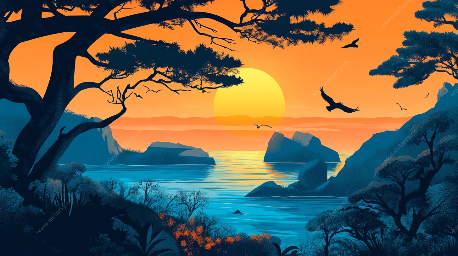 海边落日松林飞鸟美景