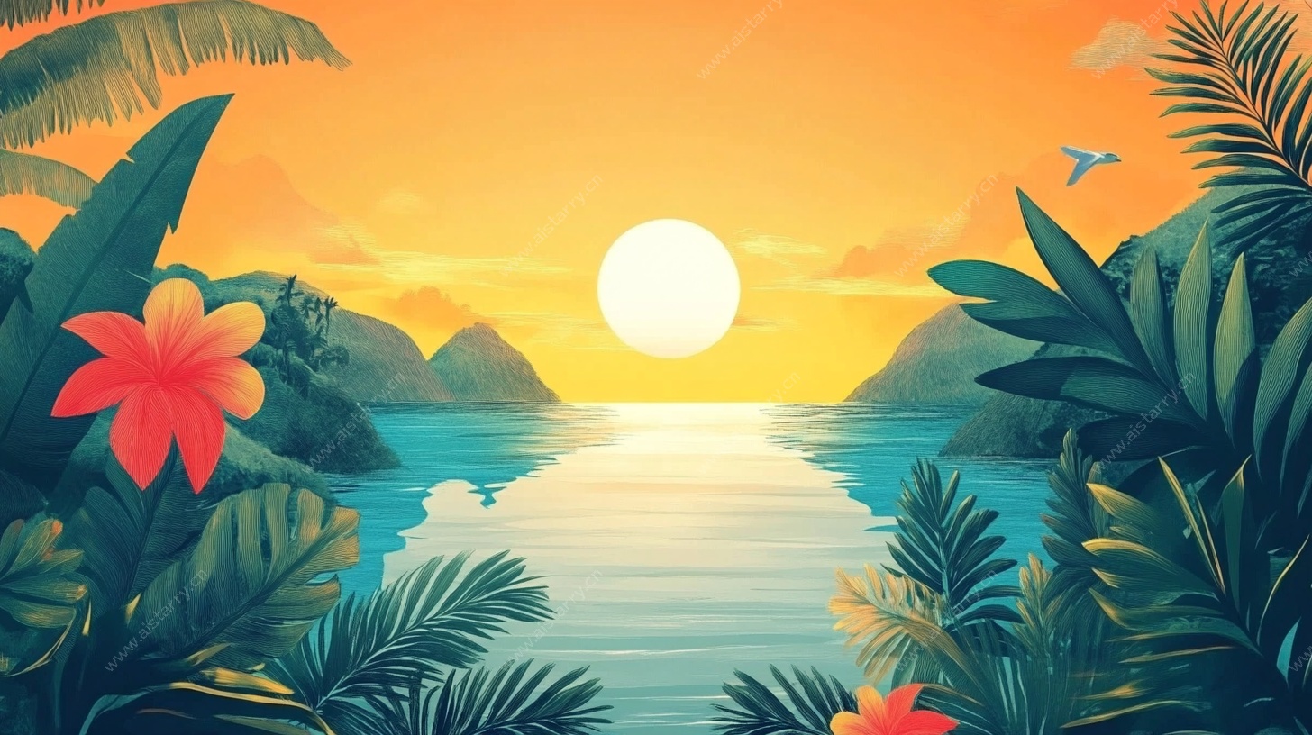 热带海滨日落风光插画