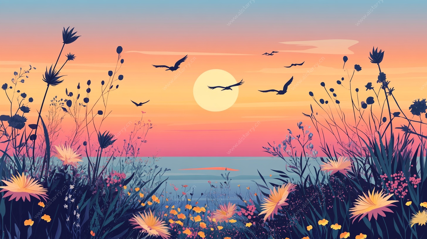 黄昏花海海景浪漫插画