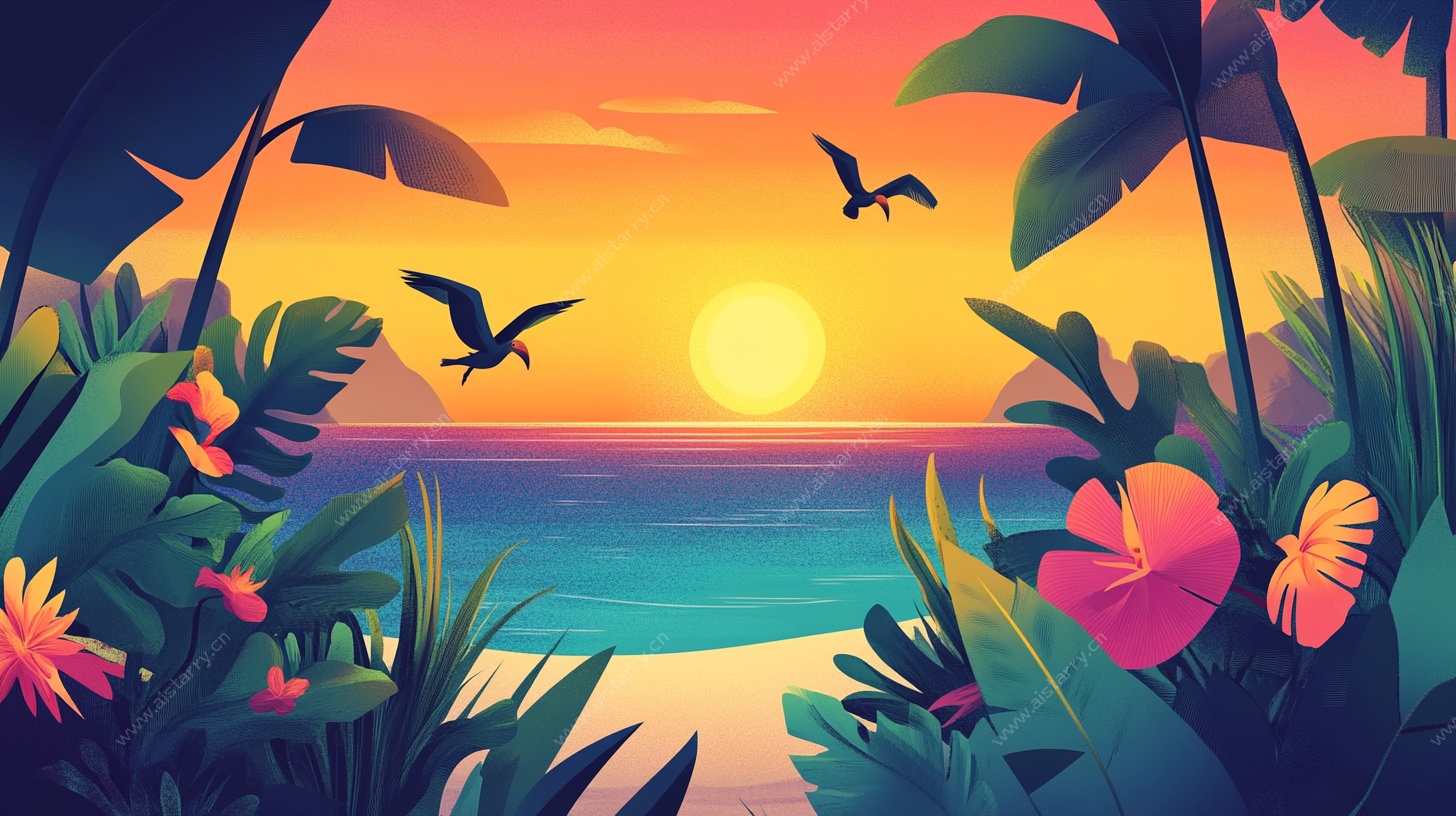 热带海滩日落风光插画