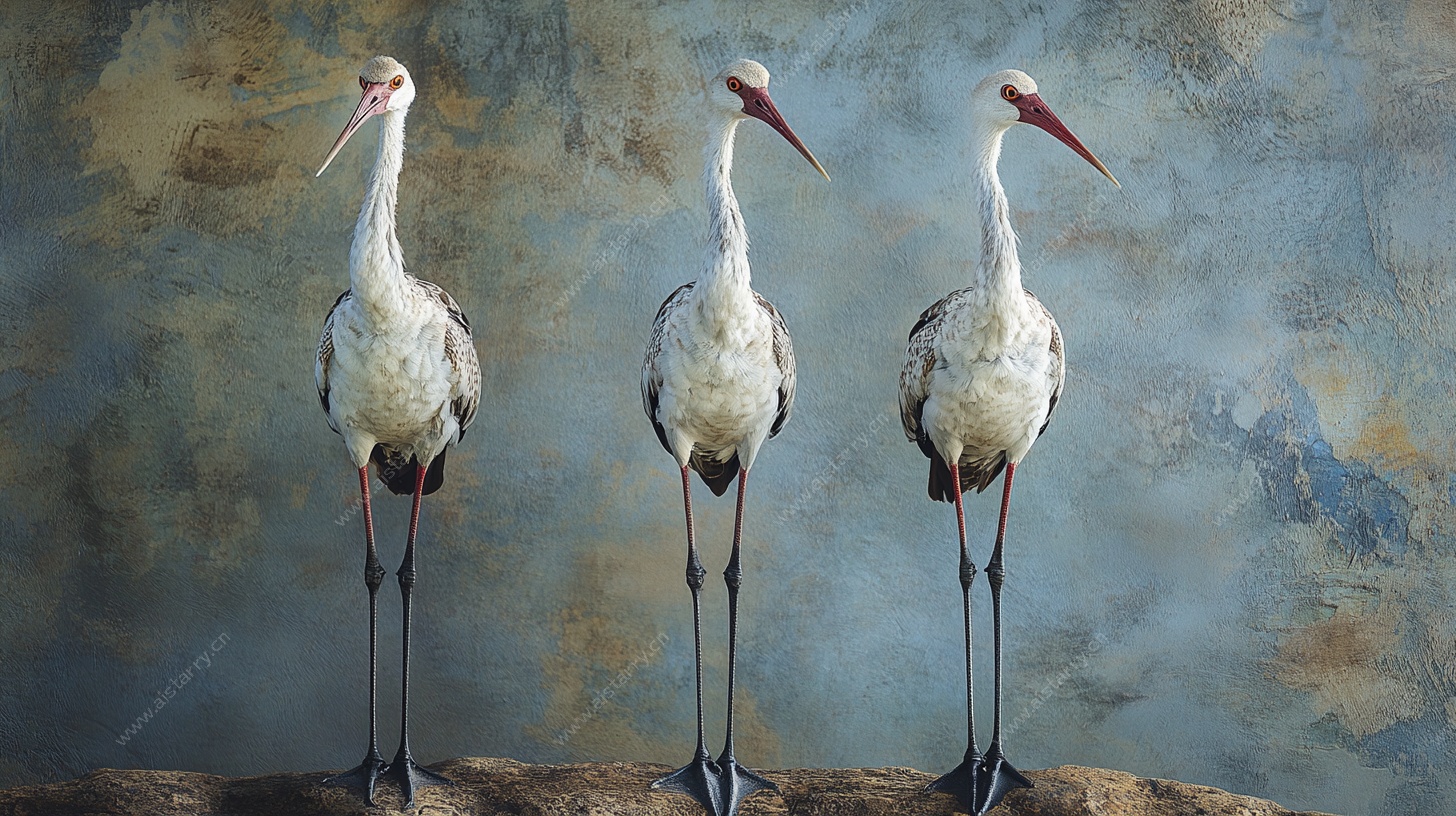 三只白鹳的静谧姿态