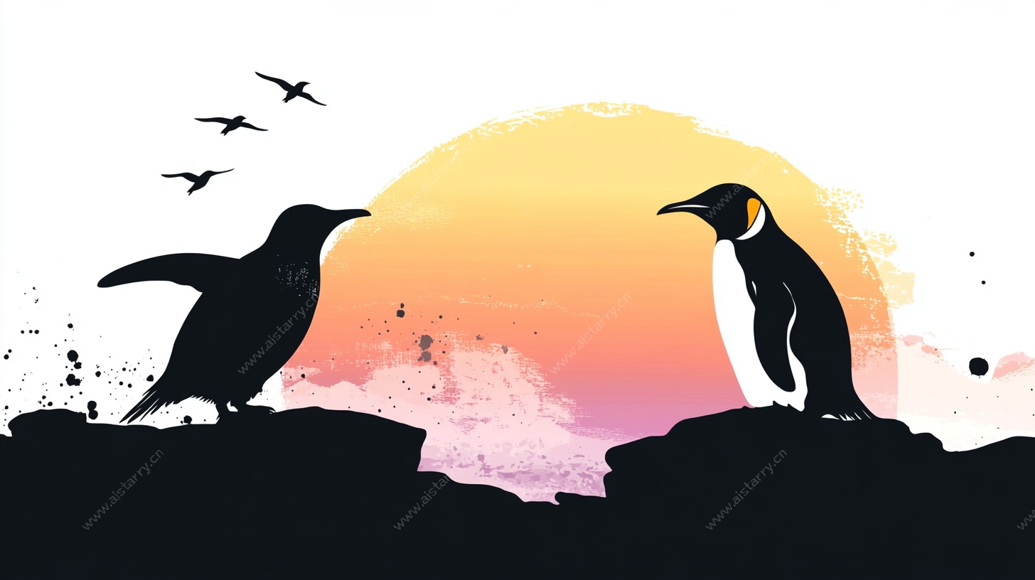 夕阳下的企鹅剪影