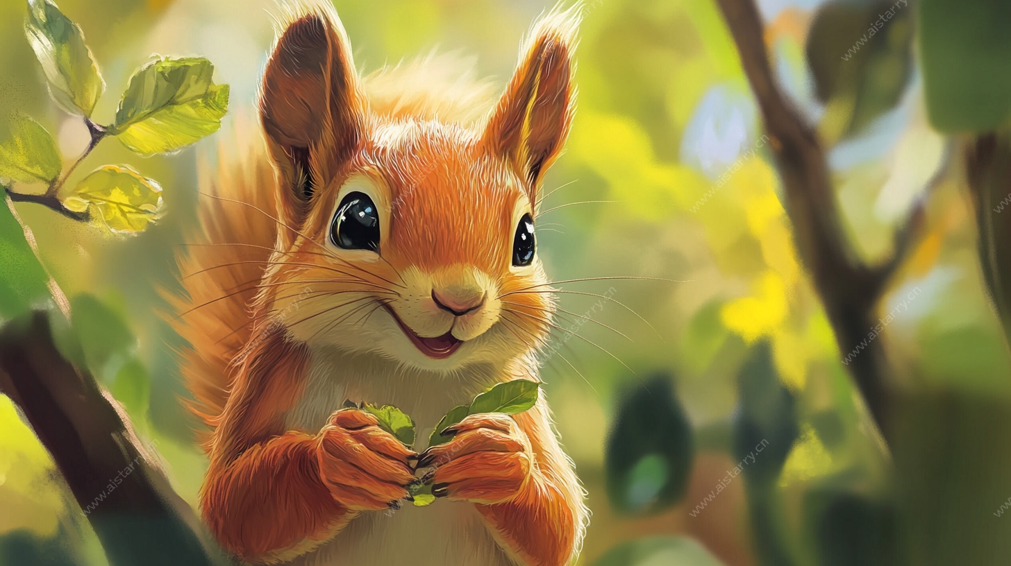 可爱松鼠在林间享用美食