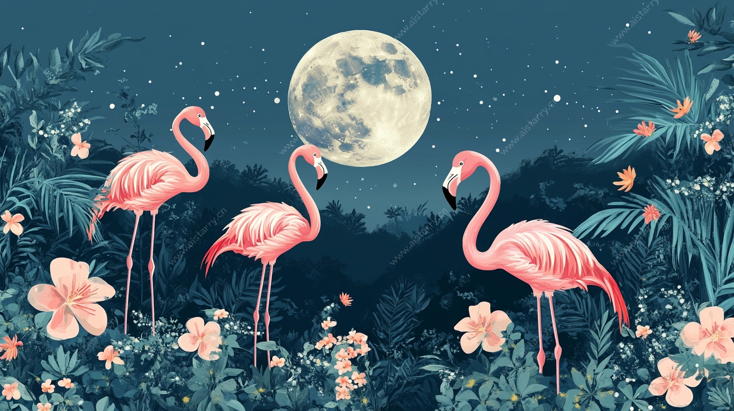 月下火烈鸟的梦幻丛林