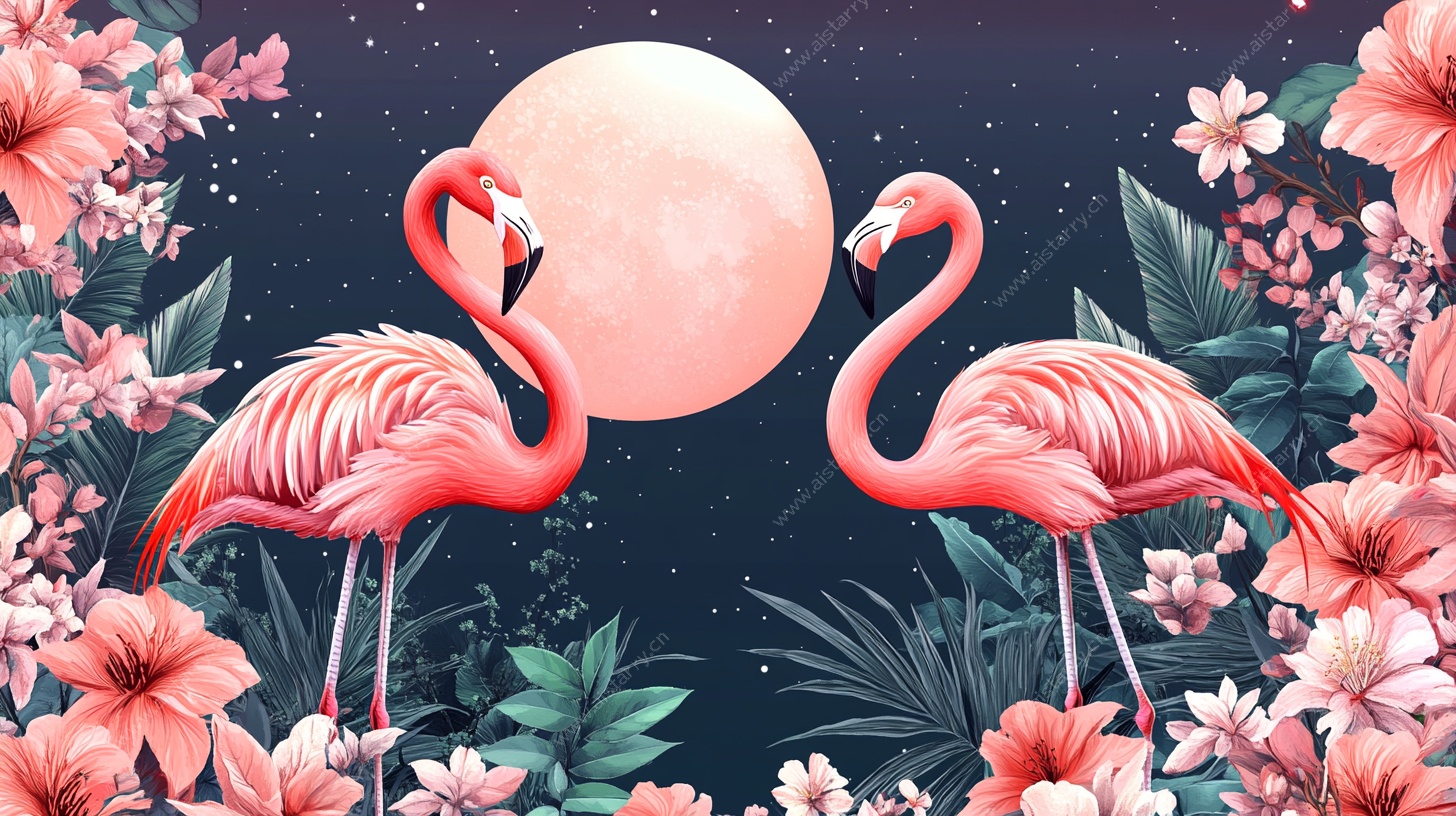 月夜下的火烈鸟与繁花