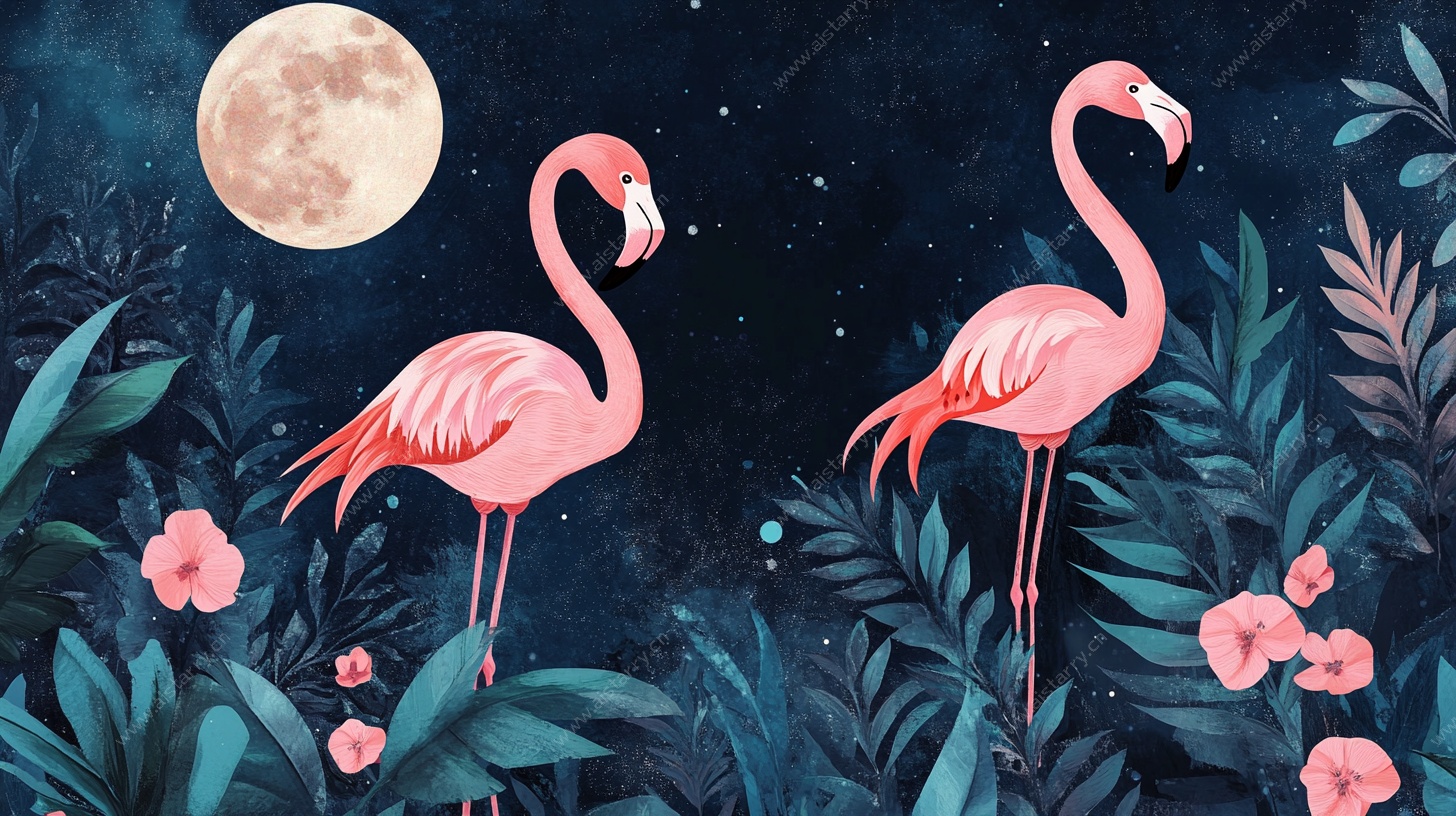 月夜下的火烈鸟与绿植