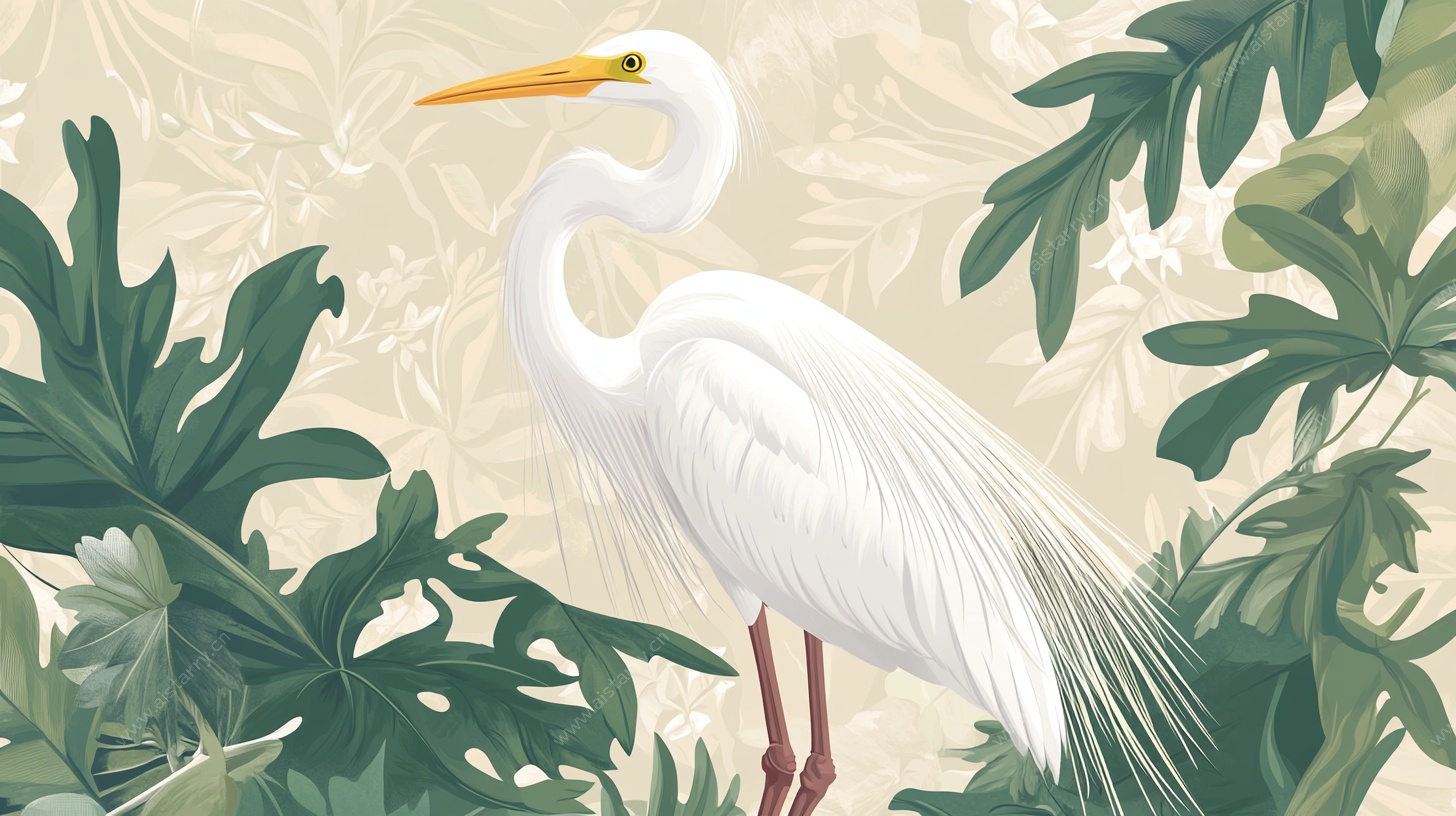 白鹭立于繁茂绿植间