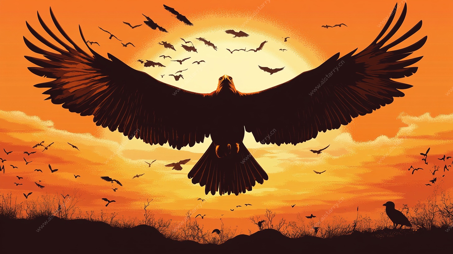 夕阳下展翅翱翔的雄鹰