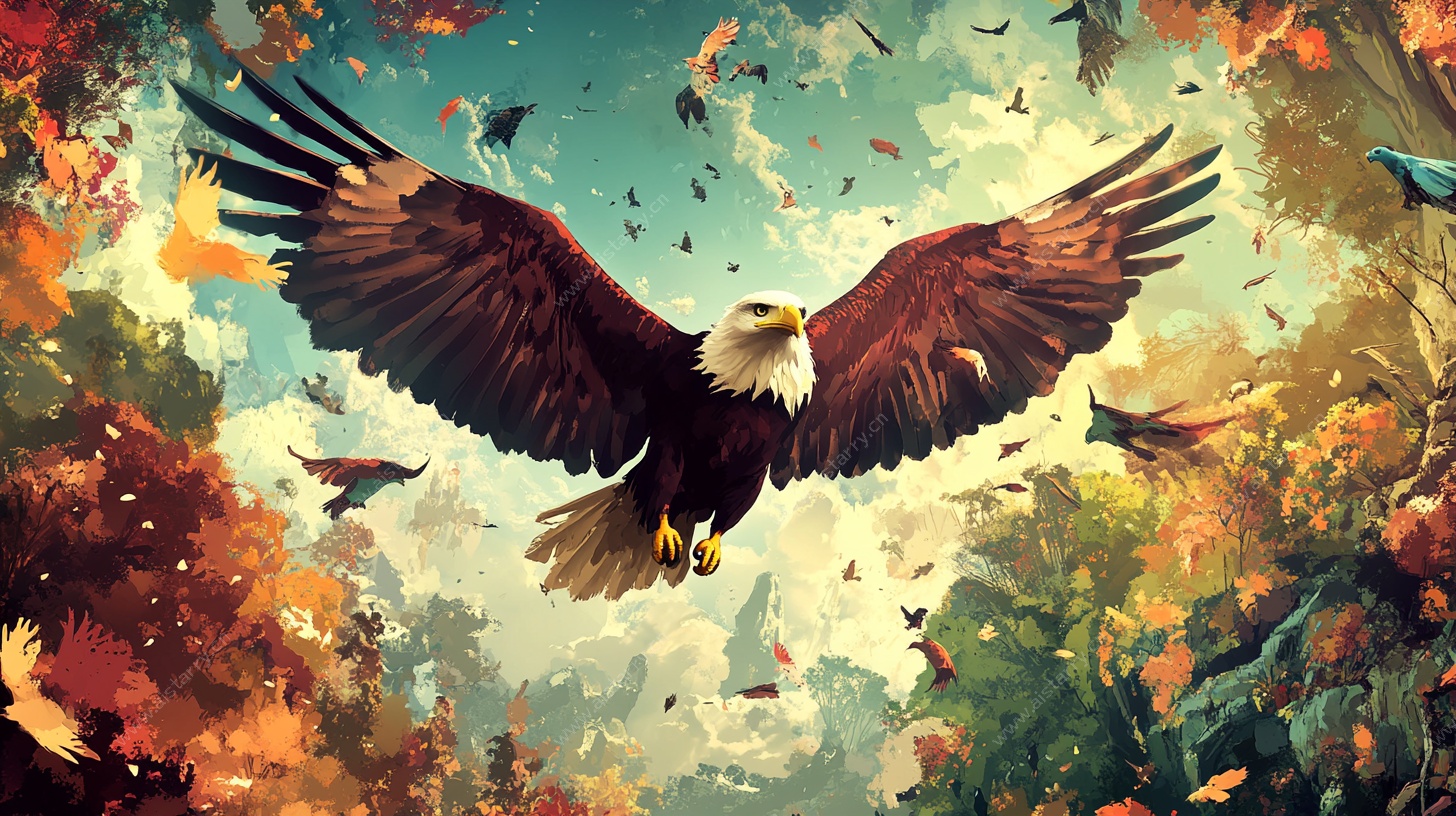翱翔的雄鹰与缤纷秋景