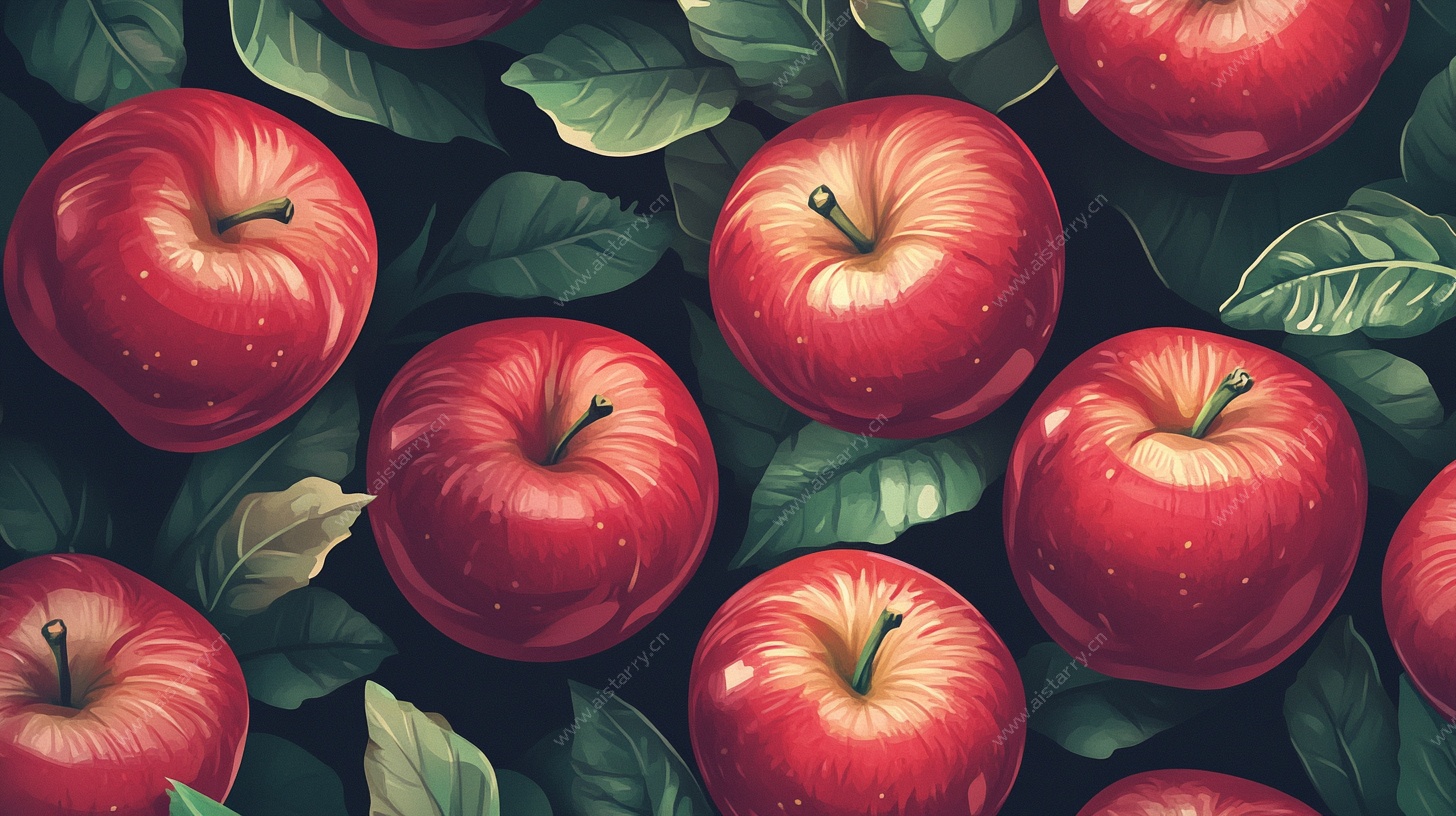 红苹果绿叶无缝图案