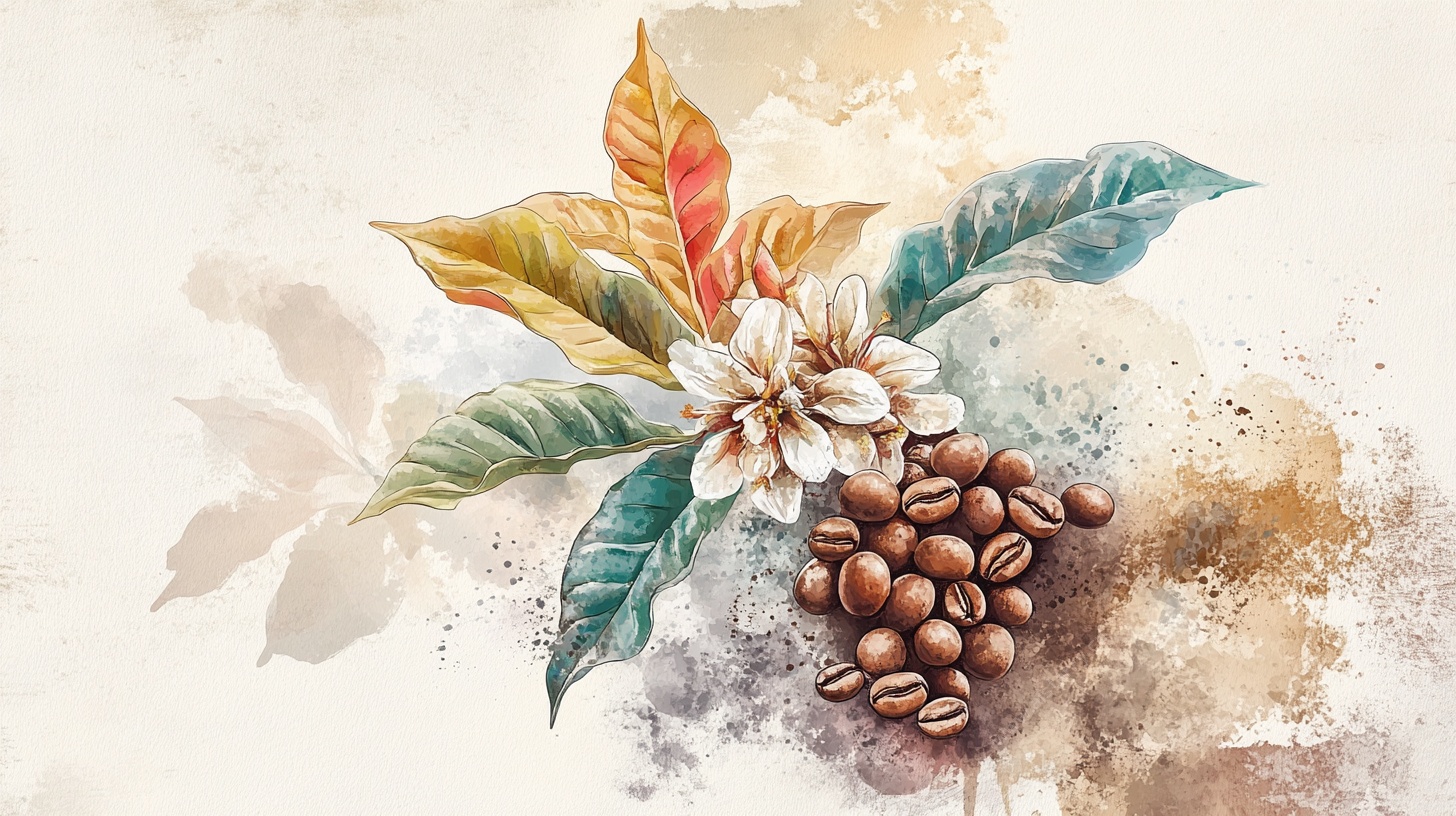水彩风咖啡花与咖啡豆图