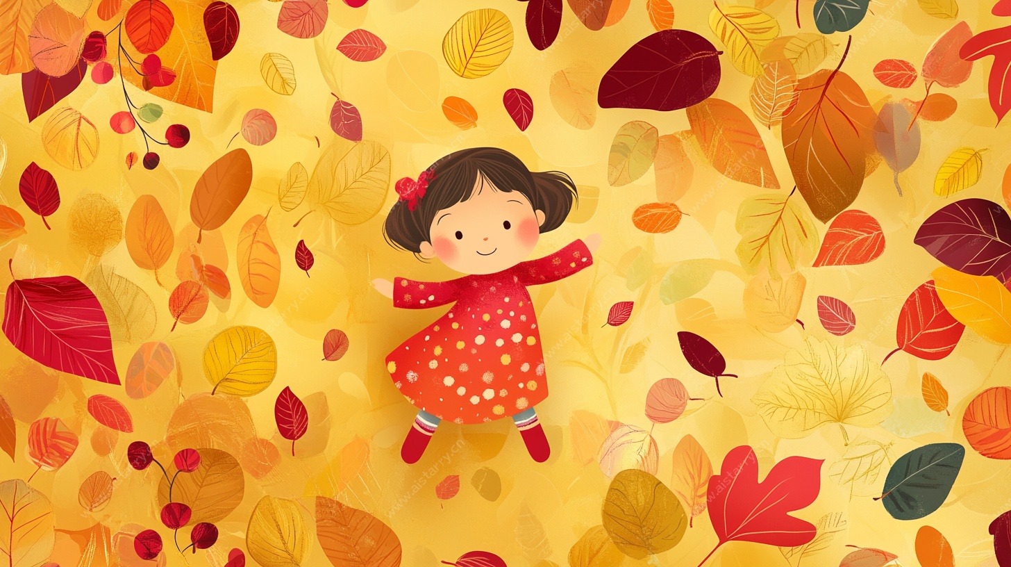 女孩在秋叶中快乐起舞