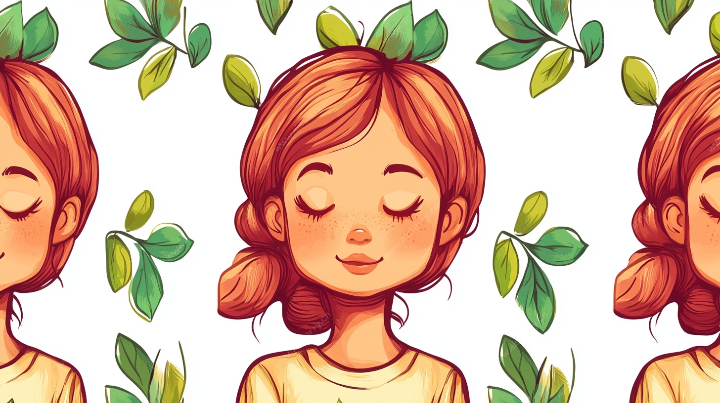 闭眼女孩与绿叶插画图案