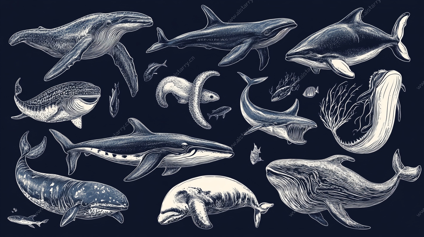 手绘鲸鱼海洋生物集合